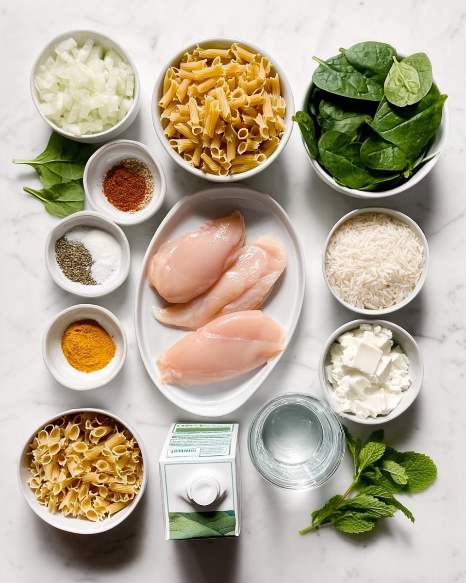 The image shows multiple small white bowls and one oval white plate arranged neatly on a white marbled surface. The oval white plate in the center holds three raw chicken fillets. Surrounding it are white bowls containing chopped onions, fresh spinach leaves, cooked pasta, plain yogurt, and white rice. There are small bowls with ingredients such as turmeric powder, mustard seeds, another spice, and a small amount of oil or sauce. A carton of cream sits at the front, alongside a glass of water. Bright green mint leaves rest in one corner, adding a fresh green touch. All items are clearly visible and well lit, giving a clean and organized look to the cooking setup. photo taken with an iphone --ar 4:5 --v 7
