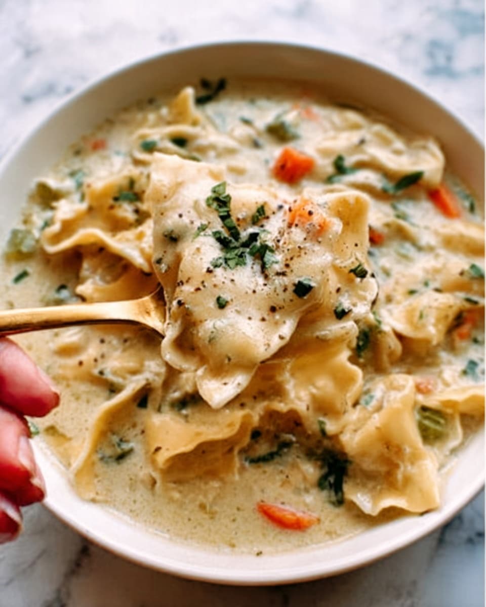 The image shows a close-up of a white bowl filled with creamy soup that has many ingredients. The top layer is a thick creamy sauce with a light beige color and some green herb leaves sprinkled on it. Underneath, you can see pieces of soft pasta that are flat and wide with slightly ruffled edges. There are small chunks of orange carrot and bits of green vegetable throughout the soup. A woman's hand is holding a golden spoon that is dipped into the soup, lifting some pasta and sauce. The bowl sits on a white marbled surface. Photo taken with an iphone --ar 4:5 --v 7
