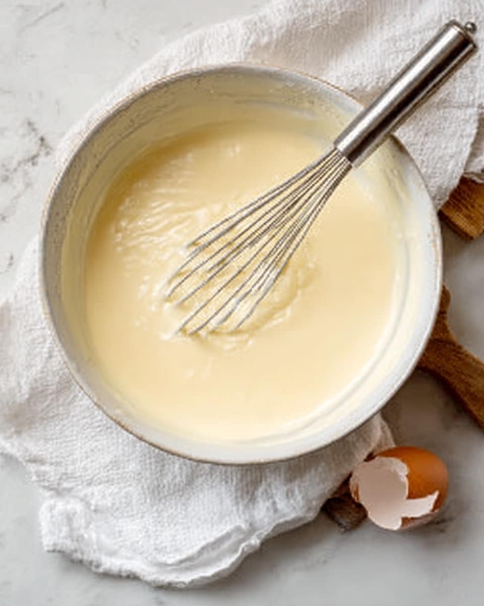 A white bowl filled with smooth, creamy pale-yellow batter. A metal whisk is resting inside the bowl, partially covered by the batter. The bowl is placed on a white marbled surface with a white cloth napkin folded beside it and a cracked eggshell nearby. The scene is bright and softly lit with natural light, showing a clean and fresh kitchen setting photo taken with an iphone --ar 4:5 --v 7