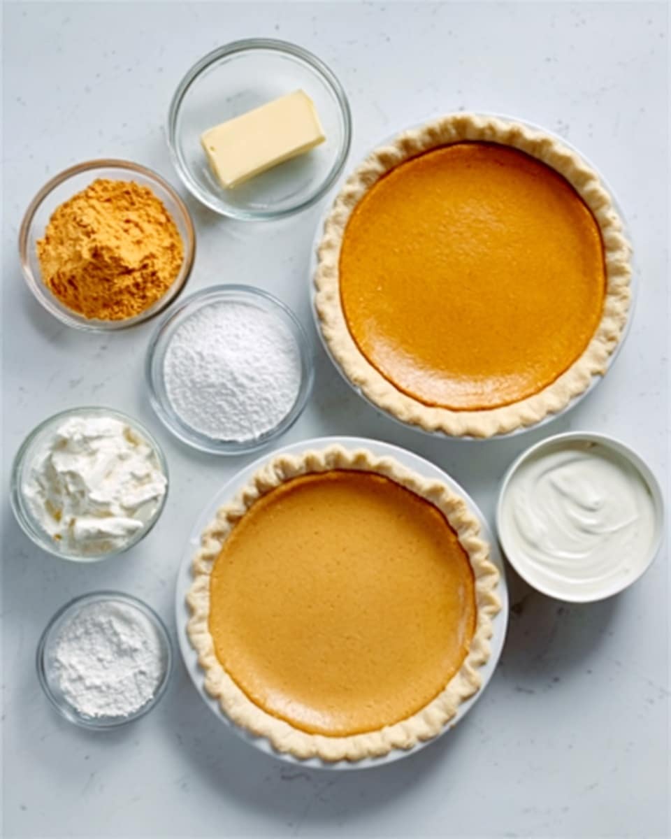 The image shows two pumpkin pies with smooth, light orange filling in white pie crusts, placed on a white marbled surface. Around the pies are six clear glass bowls with different ingredients: a small block of butter, a bowl of white powder (likely flour), a bowl with light orange pumpkin puree, a bowl of white cream or sour cream, a bowl of white sugar or powdered sugar, and a bowl of white milk or cream. The bowls are arranged loosely around the pies, showing a set of baking ingredients ready for use. photo taken with an iphone --ar 4:5 --v 7