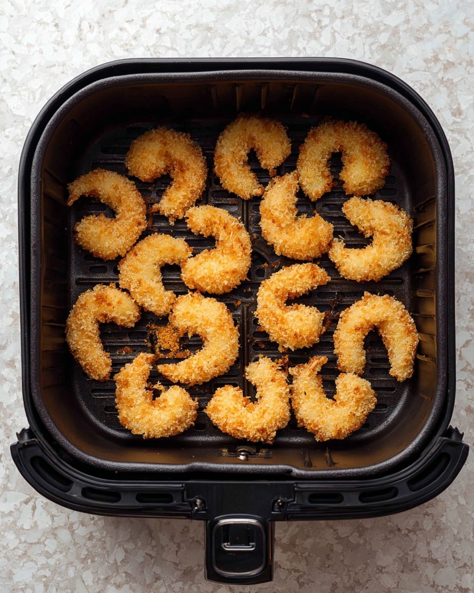 A black air fryer basket holds a single layer of 18 golden brown breaded shrimp spread evenly inside. Each shrimp is curved in a crescent shape, showing the crispy texture of the breading. The basket's grid pattern is visible below the shrimp. The background is a white marbled texture. photo taken with an iphone --ar 4:5 --v 7