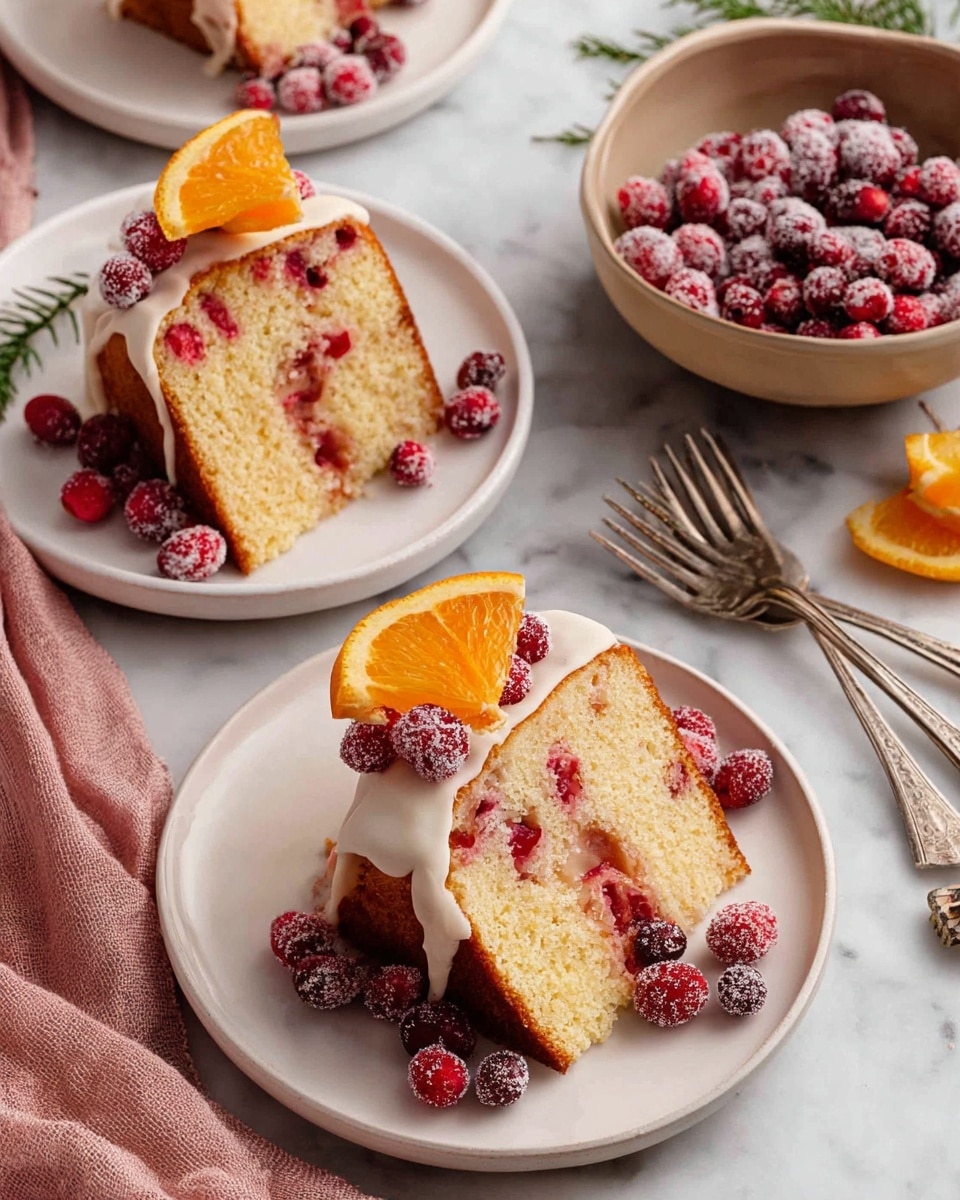 Three white plates hold slices of a two-layer yellow cake filled with red berries. The cake has a light brown crust and a thin white icing drizzled on top of each slice. Each slice is decorated with orange wedges and sugared red berries placed on the plate around the cake. A beige bowl filled with fresh red berries sits nearby. The scene is set on a white marbled surface with silver forks and a soft pink cloth visible in the background. Photo taken with an iphone --ar 4:5 --v 7