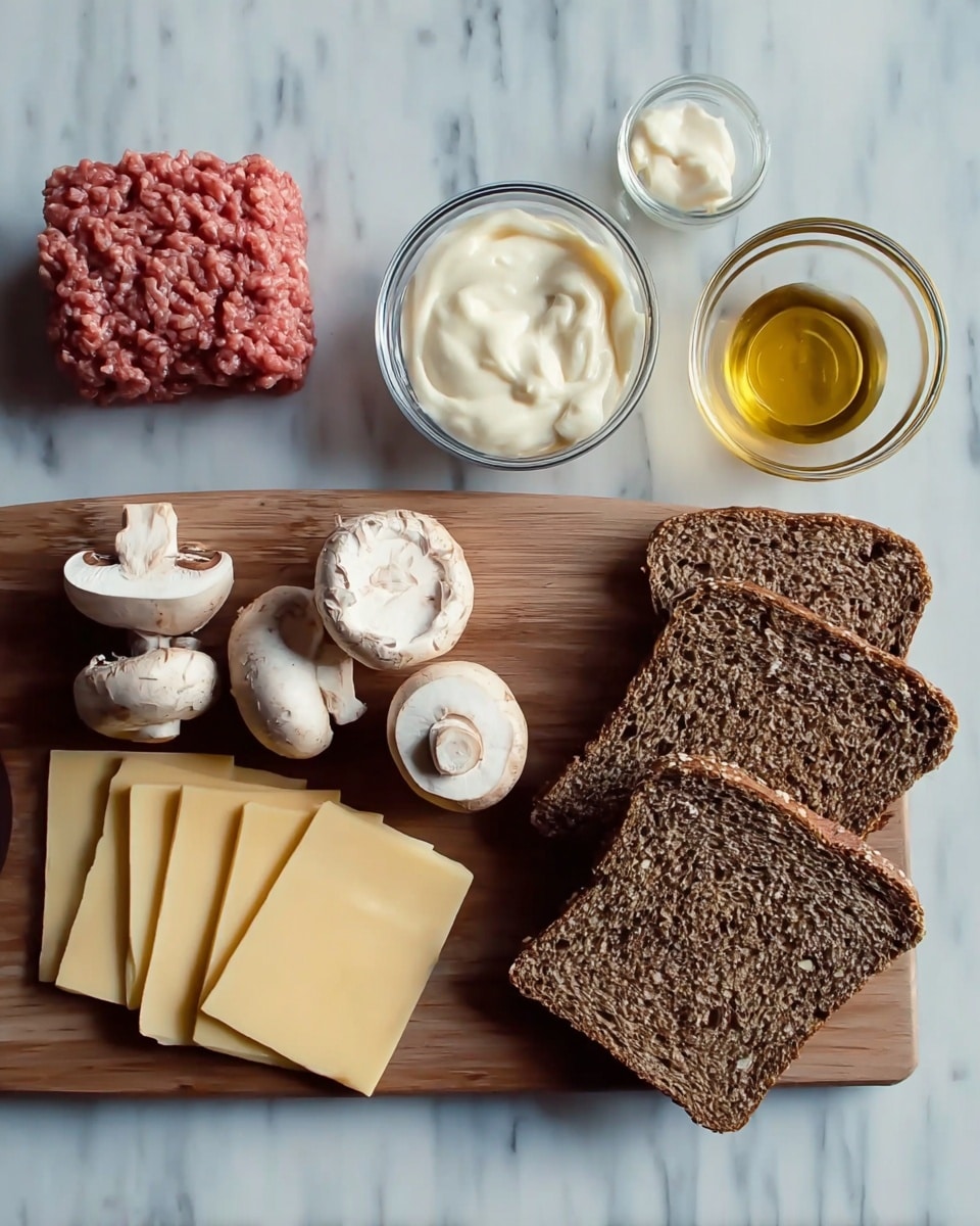 The image shows ingredients placed on a white marbled surface with a wooden cutting board in the center. On the board, there are four slices of dark whole grain bread stacked slightly to the right, three whole white mushrooms, and one mushroom cut in half showing its inside. Nearby, there are two stacks of pale yellow cheese slices arranged in small piles. There is also a small glass bowl filled with creamy white sauce and another small container holding a clear golden liquid. Above the board, a glass bowl contains raw ground meat with a pinkish-red color. The setup is neat and organized, highlighting each ingredient clearly. photo taken with an iphone --ar 4:5 --v 7