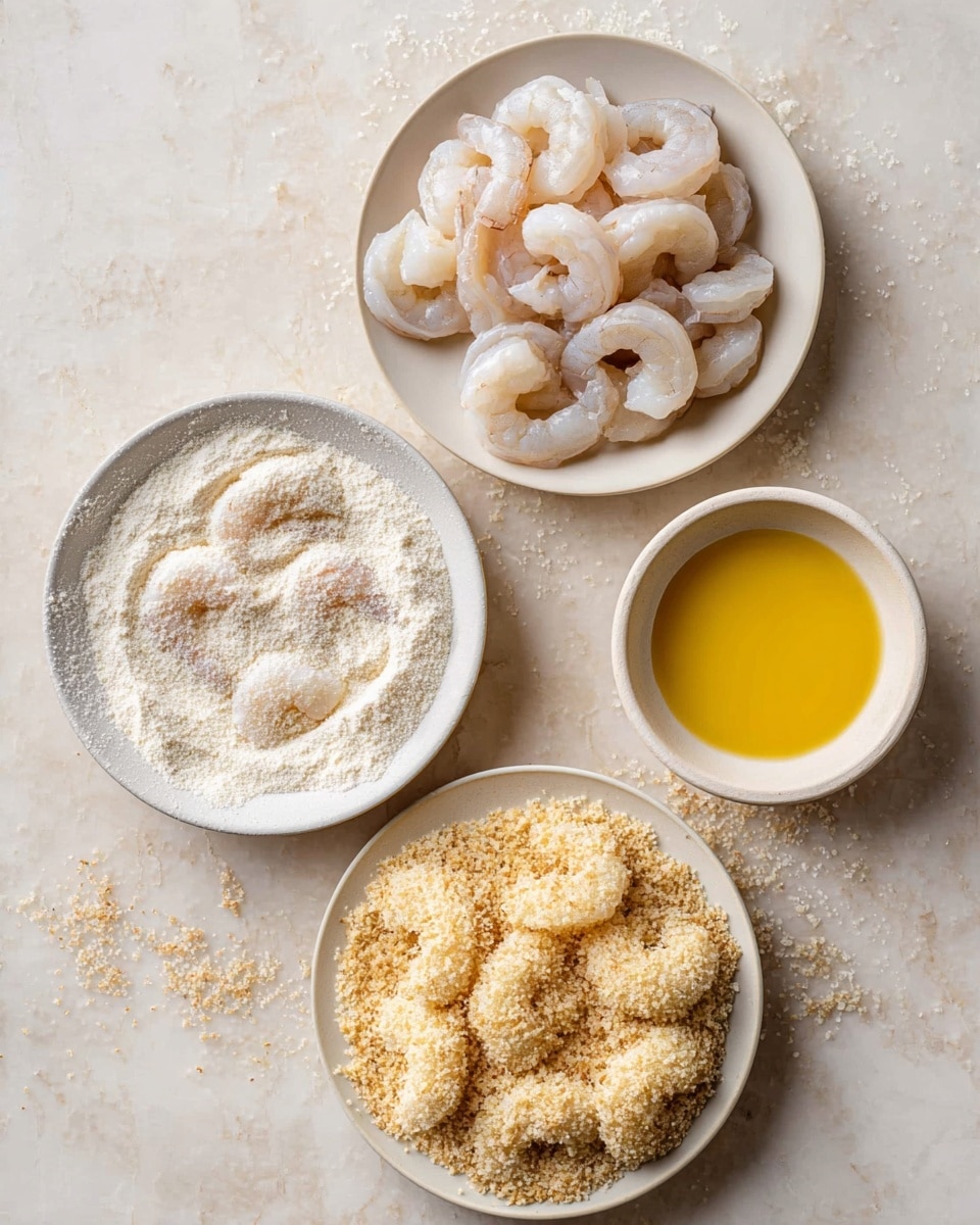 Four white dishes are arranged on a white marbled surface. The top dish holds raw, peeled shrimp that are pale pink and translucent. Below it, the left dish contains shrimp coated lightly in flour, dusted with white powder with a soft texture. To the right of this, a small bowl has smooth, yellow beaten egg liquid. The bottom dish is filled with shrimp covered in coarse, light tan breadcrumbs, with some breadcrumbs scattered around the plate edges. Photo taken with an iphone --ar 4:5 --v 7