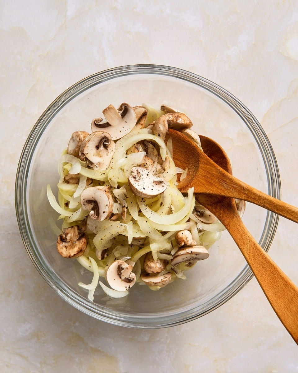A clear glass bowl sits on a white marbled surface, filled with two layers: the bottom layer has thin, pale yellow onion slices with a slightly translucent texture, and the top layer is made up of brown mushrooms cut into halves and quarters, showing their creamy white inside. Two wooden spoons with a smooth, light brown wood grain rest inside the bowl, partially mixing the ingredients. The overall look is fresh and lightly seasoned, with small specks of black pepper visible. photo taken with an iphone --ar 4:5 --v 7