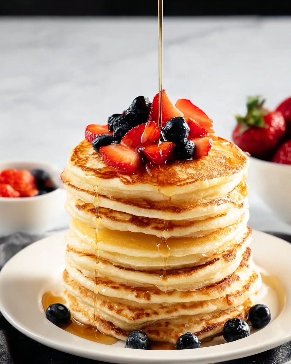 A tall stack of ten golden pancakes is placed on a white plate. Each pancake has a light brown edge and a soft, slightly airy texture. On top, there is a small pile of fresh strawberries sliced in half and whole blueberries, bright red and deep blue respectively. A slow stream of syrup is being poured over the stack from above, creating shiny drips down the sides of the pancakes. In the background, there are two white bowls blurred out, one with more strawberries and the other with blueberries, all resting on a white marbled surface. photo taken with an iphone --ar 4:5 --v 7