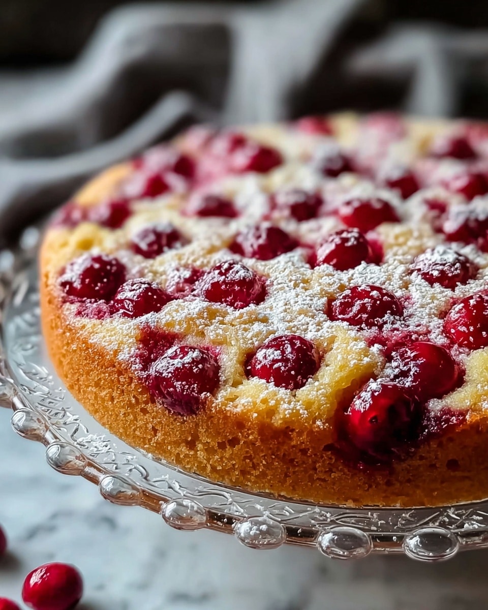 A close-up image of a single-layer square cake with a golden-brown, slightly textured top crust dotted with whole, glossy dark red cherries partially sunk into the batter. The middle layer is a light, fluffy, moist yellow crumb with visible small air holes. The cake is placed in a round clear glass dish that shows the dark bottom crust slightly visible through the side. The background is a white marbled texture photo taken with an iphone --ar 4:5 --v 7
