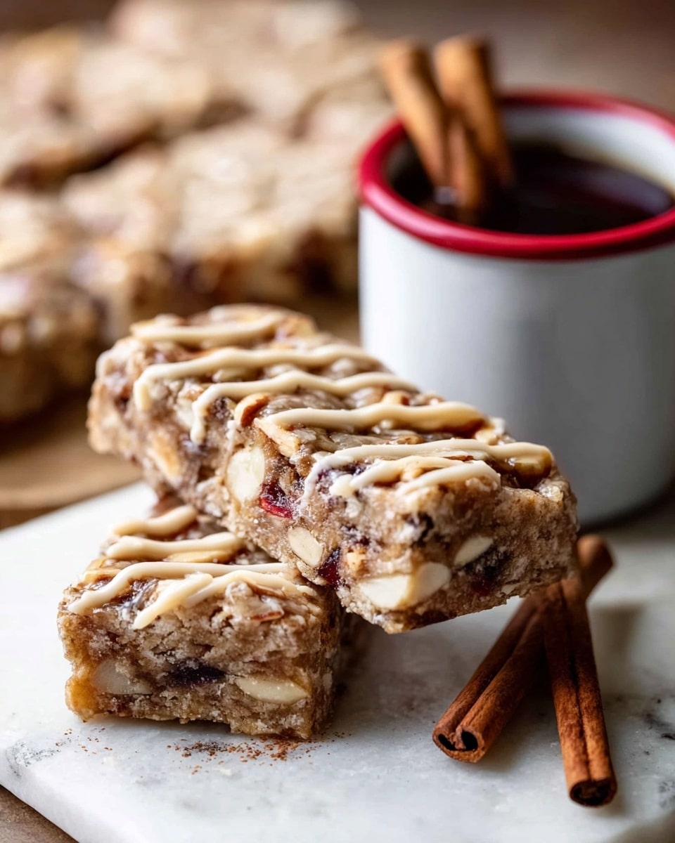 The image shows two thick, square-shaped baked bars leaning against each other on a white marbled surface. Each bar has a dense, chunky texture with visible pieces of nuts and fruit embedded inside. The top of the bars has a light brown drizzle that runs in wavy lines, adding a glossy shine. On the right, there is a white cup with a red rim filled with a dark liquid, and two cinnamon sticks are placed inside the cup. The background is softly blurred with more bars lined up behind the two in focus. Photo taken with an iphone --ar 4:5 --v 7