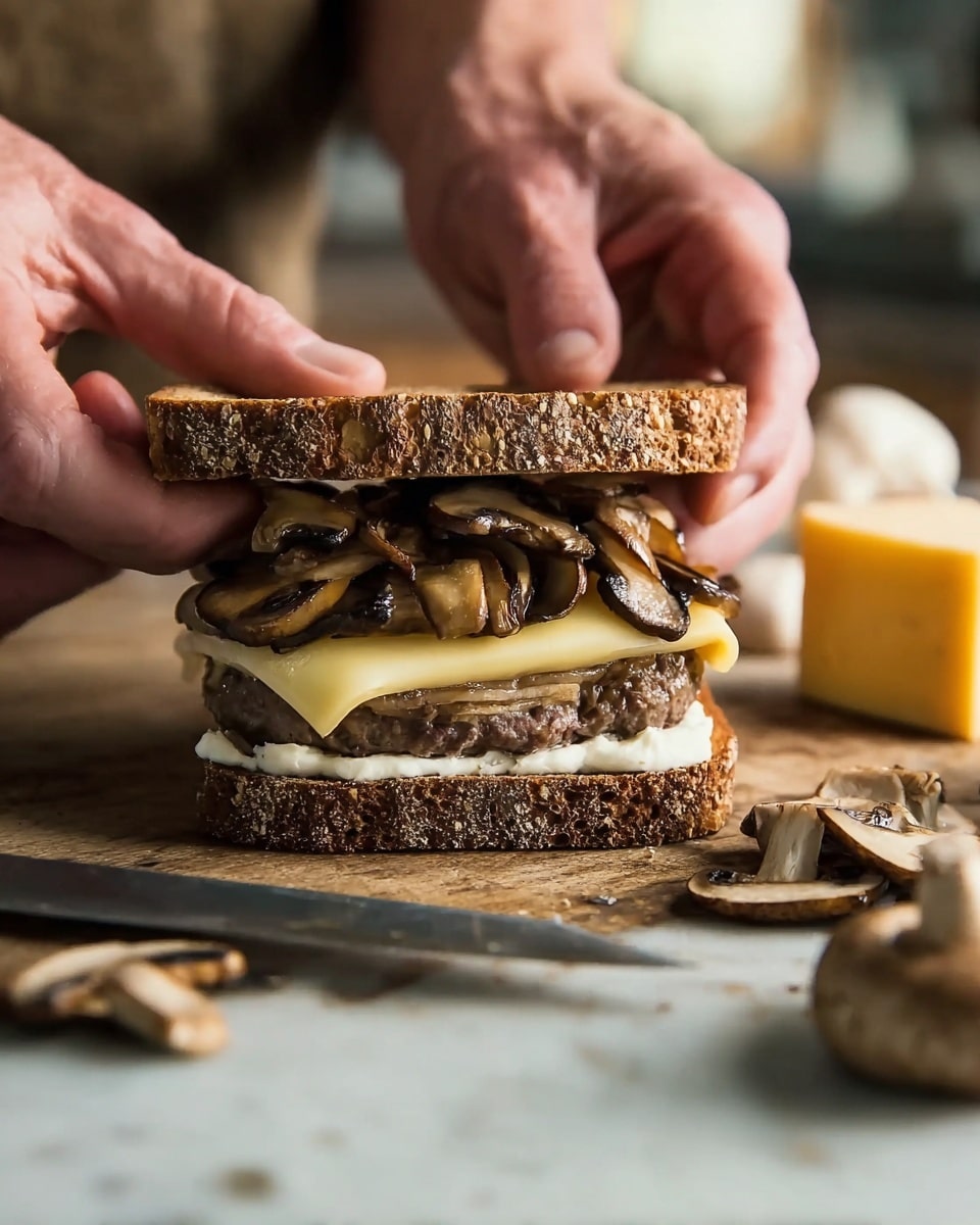A sandwich with three main layers on a wooden surface is held by two hands. The bottom layer is a thick slice of brown bread with a spread of white sauce. On top of that is a cooked beef patty with a melted slice of light yellow cheese covering it. The next layer is a pile of cooked, sliced mushrooms that are dark brown with a glossy texture. The sandwich is completed with another thick slice of brown bread on top. In the background, parts of mushrooms, a block of cheese, and a knife are visible, all on a white marbled surface. Photo taken with an iphone --ar 4:5 --v 7