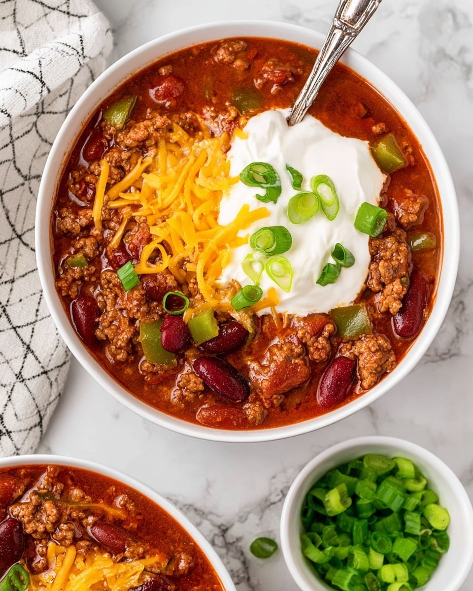 The image shows a white bowl filled with rich chili that has a thick red-brown sauce, visible chunks of ground meat, red kidney beans, diced green peppers, and tomato pieces mixed throughout. On top, there is a large dollop of white sour cream, sprinkled with bright orange shredded cheddar cheese and small rings of fresh green onions. A silver spoon rests inside the bowl, partially submerged in the chili. Next to the bowl, there is a small white bowl filled with chopped green onions on a white marbled surface. The overall scene has a clean and fresh look, with bright colors and textures clearly visible. Photo taken with an iphone --ar 4:5 --v 7