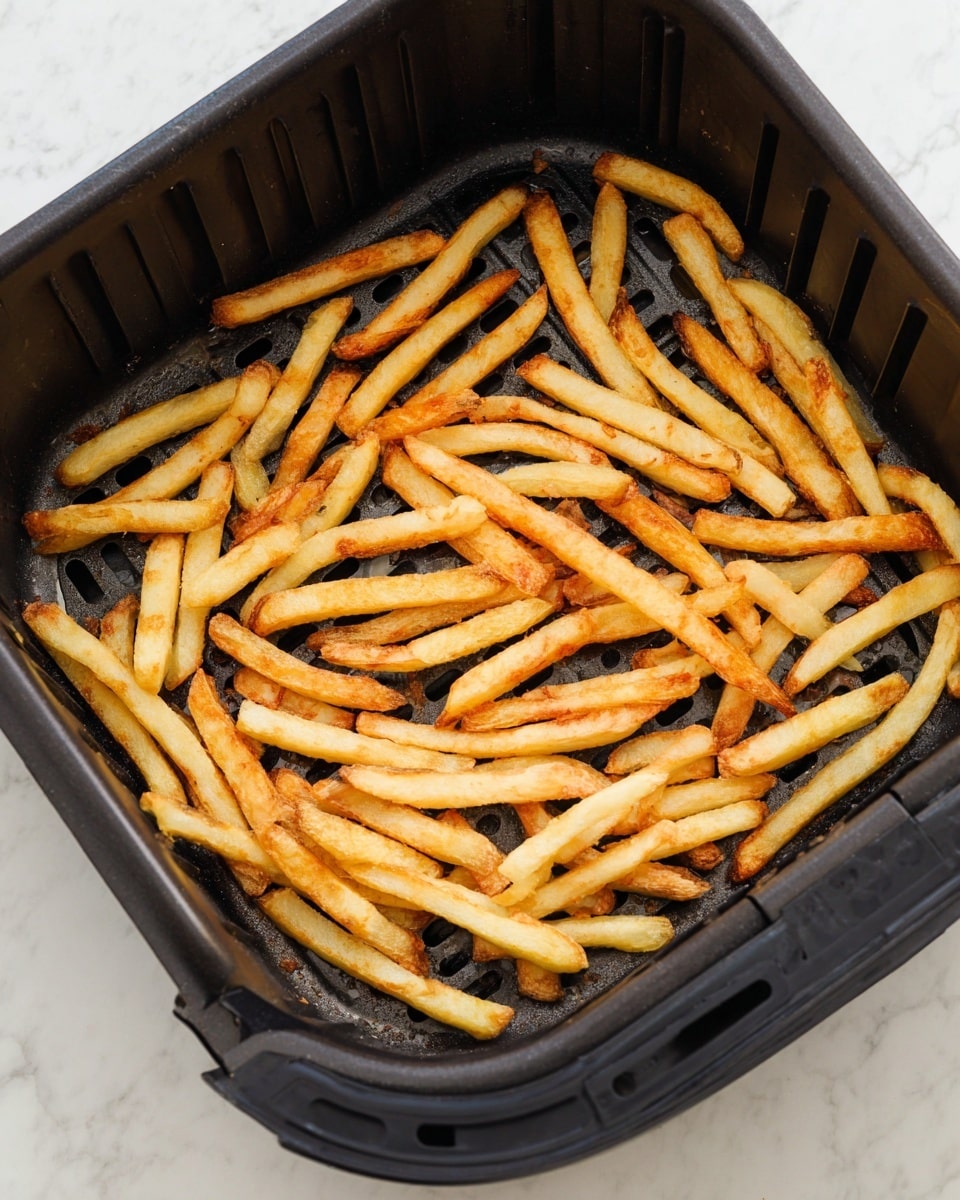 A black air fryer basket holds a scattered layer of golden-brown French fries. The fries are thin and crispy with some slightly darker edges showing a light crunch. They lie unevenly on the black grid surface inside the basket, with none stacked but spread out across the bottom. The surrounding area is a white marbled texture that contrasts with the dark air fryer basket and highlights the fries' warm colors. photo taken with an iphone --ar 4:5 --v 7