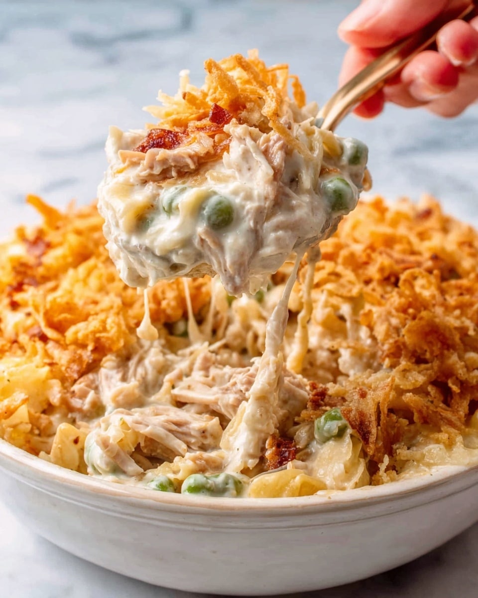 The image shows a white rectangular baking dish filled with a creamy casserole. The top layer is golden brown and crispy, sprinkled with small crunchy bits. Inside the dish, there are visible green vegetable pieces mixed in with the creamy sauce. A woman's hand is holding a spoon, lifting a portion from the corner, revealing layers of spinach and white sauce beneath the crispy top. The dish is placed on a white marbled surface with a light green cloth nearby, and small white bowls with shredded cheese and orange ingredients are around it. photo taken with an iphone --ar 4:5 --v 7