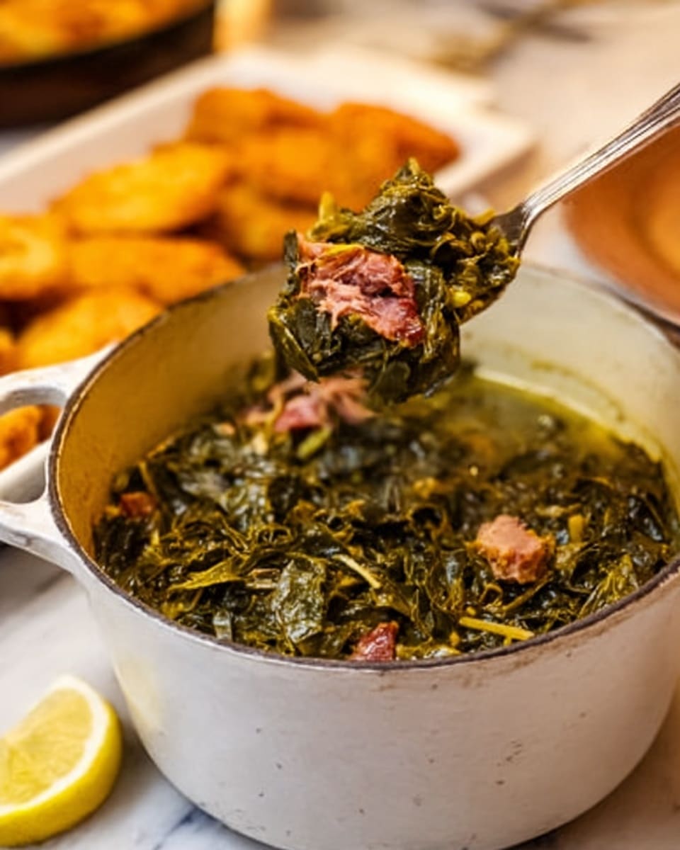 A large silver pot filled with cooked dark green leafy vegetables in a light brown broth, showing some small pieces of reddish-brown meat mixed in; a light wooden spatula stirs the greens from the right side, revealing the crinkled texture and glossy surface of the leaves. The pot is placed on a white marbled surface. photo taken with an iphone --ar 4:5 --v 7