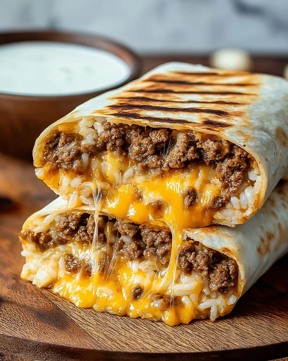 The image shows a close-up of a grilled wrap cut in half and stacked, revealing two layers inside. The outer white tortilla is charred with brown grill lines in a crisscross pattern. Inside, the top layer is textured with cooked ground beef in shades of brown, and underneath it, melted yellow-orange cheese oozes out, creating a shiny and stretchy effect. The wrap is placed on a wooden surface with a small white bowl of creamy white sauce blurred in the background on a white marbled texture. A woman's hand is gently holding the stack from the side. photo taken with an iphone --ar 4:5 --v 7