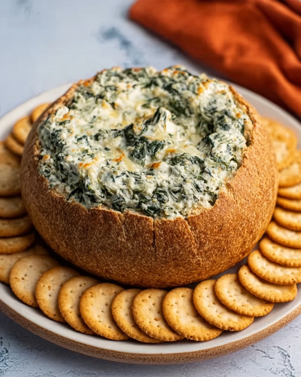 A round bread bowl filled with a creamy mixture of spinach and cheese sits on top of a stack of round crackers arranged neatly in a circle on a white plate, all placed on a white marbled surface. The bread bowl is golden brown and thick, with the cheese and spinach dip showing a green and white speckled texture that looks soft and rich. In the background, there is a hint of an orange cloth adding a touch of warm color. Photo taken with an iphone --ar 4:5 --v 7