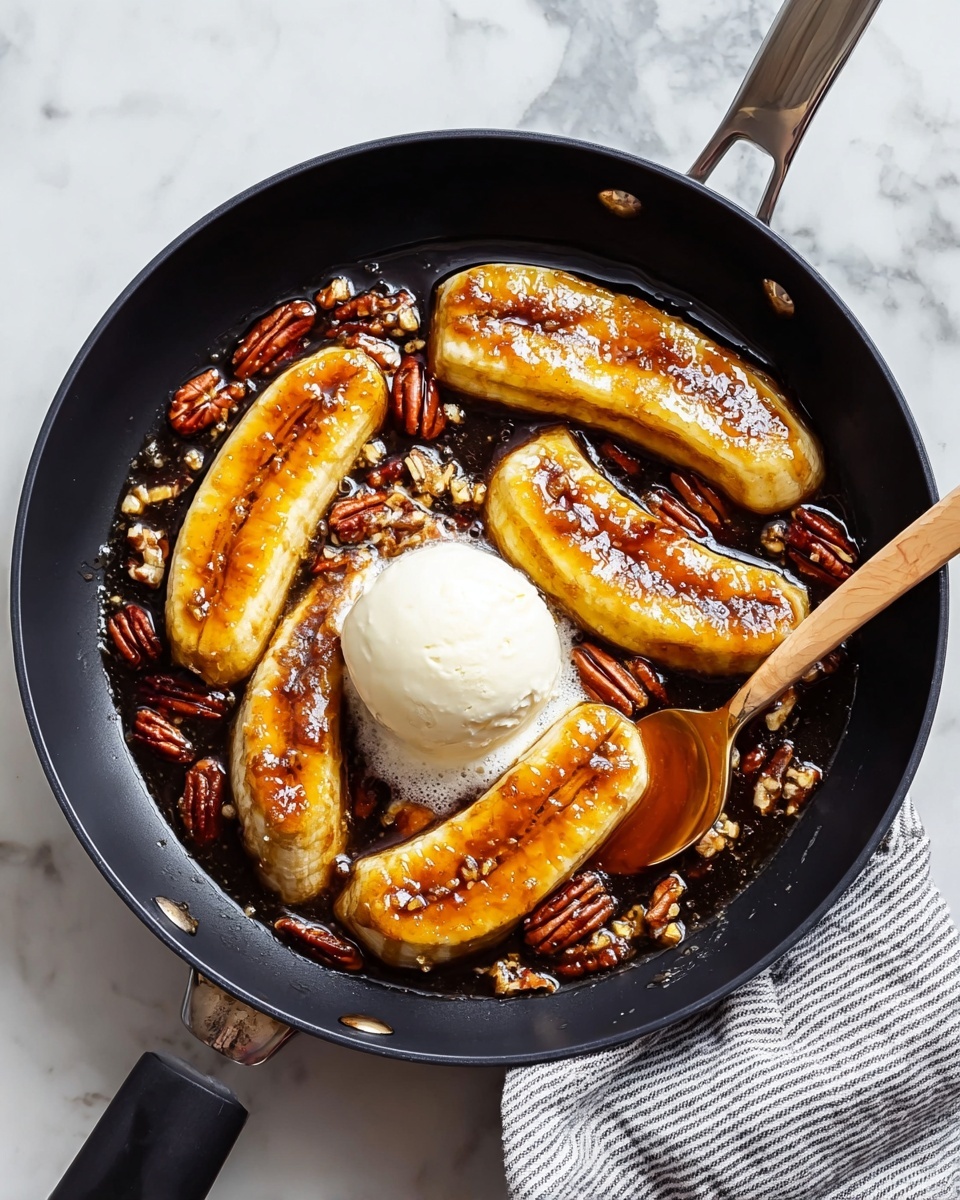 Bananas Foster Recipe 4 In a black frying pan on a white marbled surface, five yellow caramelized banana halves are arranged, each coated with a shiny dark brown caramel sauce. Among the bananas, there are several whole and chopped reddish-brown pecans scattered around. On top of the sauce, slightly off-center, there is a single round scoop of white vanilla ice cream, beginning to melt and blend with the warm sauce. The edge of the pan rests on a folded gray and white striped cloth. photo taken with an iphone --ar 4:5 --v 7