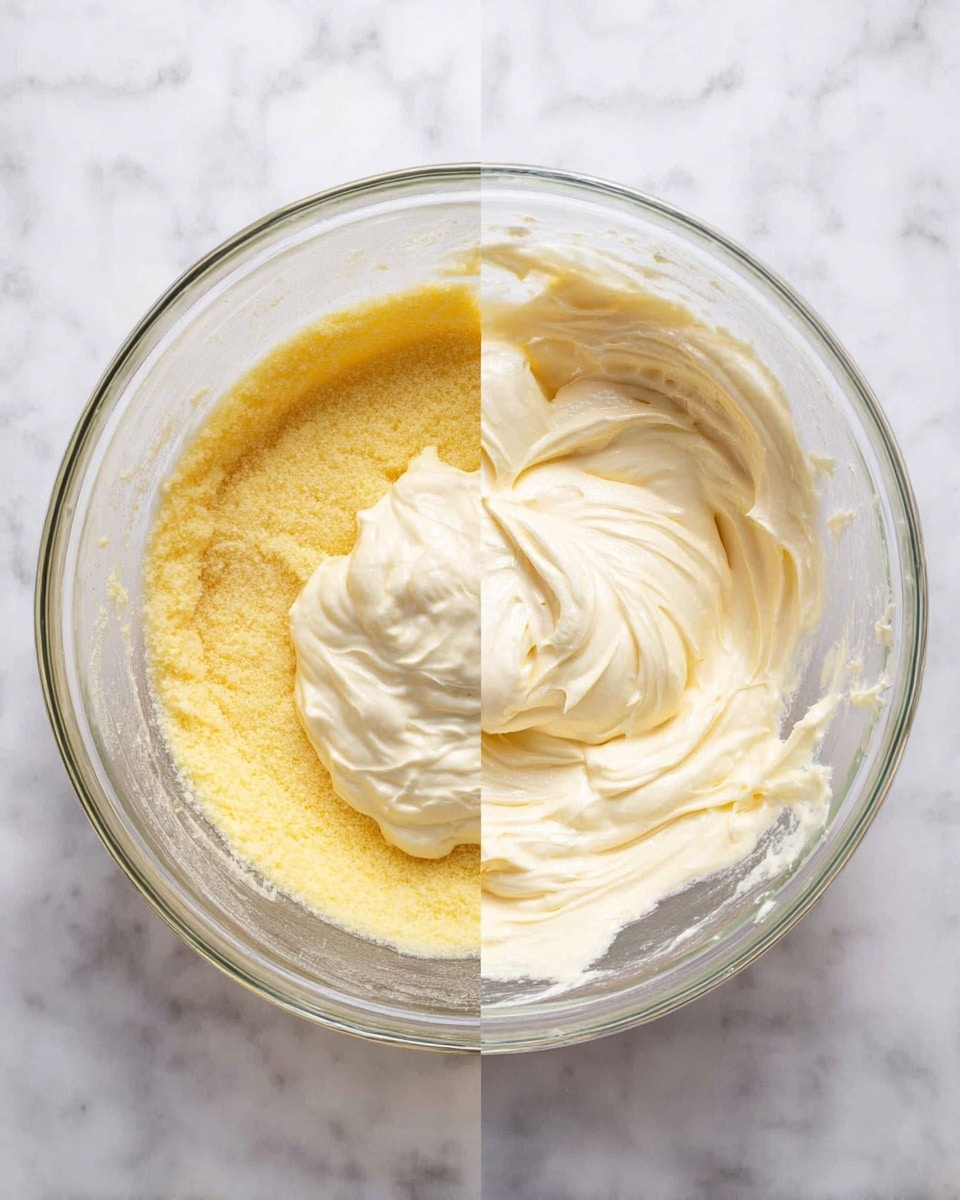 A clear glass mixing bowl on a white marbled surface contains two layers of batter. The bottom layer is yellow with a grainy texture. On top of it, there is a smooth, thick white layer with soft peaks. In the next image, the same bowl is filled with a creamy, pale yellow batter that has a smooth, swirled texture showing the mixing motion. Some batter clings to the sides of the bowl. photo taken with an iphone --ar 4:5 --v 7