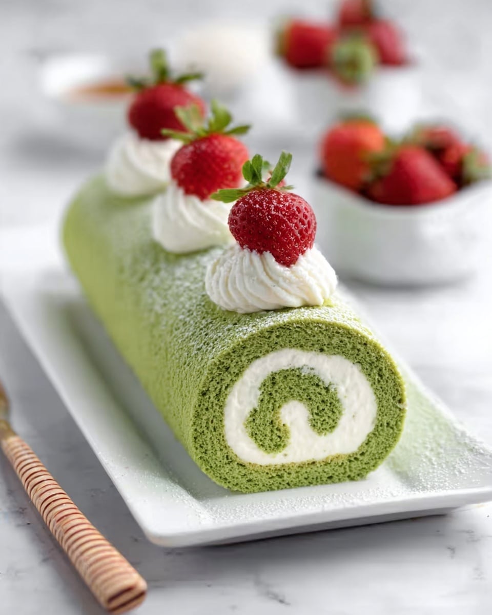 The image shows a green roll cake on a white plate placed on a white marbled surface. The roll cake has two main layers: a soft green sponge layer on the outside with a smooth texture, and a creamy white filling inside that looks fluffy and thick. Inside the creamy filling, there are fresh red strawberry pieces with a bright, juicy look. One slice of the roll cake is cut and presented in front, revealing the spiral of the green sponge wrapping the white cream and red strawberries. The whole roll is dusted lightly with white powdered sugar on top, and a fresh green mint leaf is placed on the sliced roll as decoration. A few whole strawberries are arranged around the plate for color contrast. The photo taken with an iphone --ar 4:5 --v 7