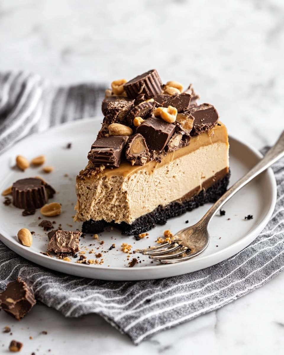 The image shows a round white dish filled with a dessert that has three visible layers: a dark crumbly base, a thick creamy middle, and a white fluffy top layer covered with small toasted white marshmallows. The top is drizzled in thick lines of dark brown chocolate sauce and a lighter caramel sauce, creating a striped pattern. A slice is removed, revealing the smooth and dense layers inside. The dish sits on a white marbled surface with a piece of cloth partly visible to the left. Photo taken with an iphone --ar 4:5 --v 7