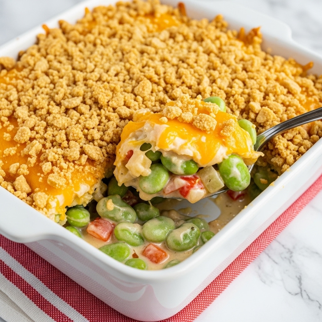 A white rectangular baking dish filled with a layered casserole sitting on a white marbled surface. The bottom layer consists of a creamy mix with visible green grapes and small red bits, covered by a melted bright orange cheese layer. On top of that, a textured layer of crushed light tan crackers is spread evenly, adding a crunchy look. A red and white striped cloth peeks from underneath the baking dish. The scene is brightly lit, showing the warm golden colors of the dish clearly photo taken with an iphone --ar 4:5 --v 7
