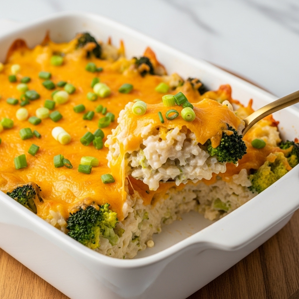 The dish is a rectangular white casserole dish filled with a baked casserole that has a golden brown, crumbly topping with small green herbs sprinkled throughout. Inside, the casserole has layers of creamy white sauce mixed with pieces of pale chicken and bright green broccoli. A large silver spoon rests inside the casserole dish, and next to it is a white plate holding a serving of the casserole, showing the layers clearly from the creamy sauce to the tender broccoli and chicken, topped with the crunchy golden layer. The surface beneath is a white marbled texture. Photo taken with an iphone --ar 4:5 --v 7