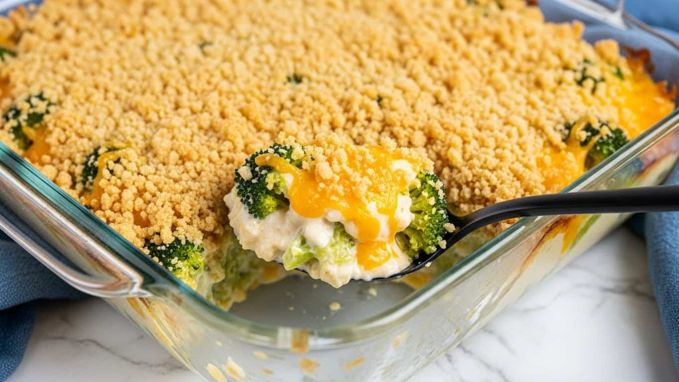 The image shows a clear glass baking dish filled with broccoli and cheese casserole. The casserole has a golden-brown crumb topping that covers a creamy layer with visible pieces of green broccoli and melted yellow cheese. A black spoon is scooping out a helping, revealing the soft and creamy texture inside. The glass dish sits on a white marbled surface with a blue cloth nearby. Photo taken with an iphone --ar 4:5 --v 7