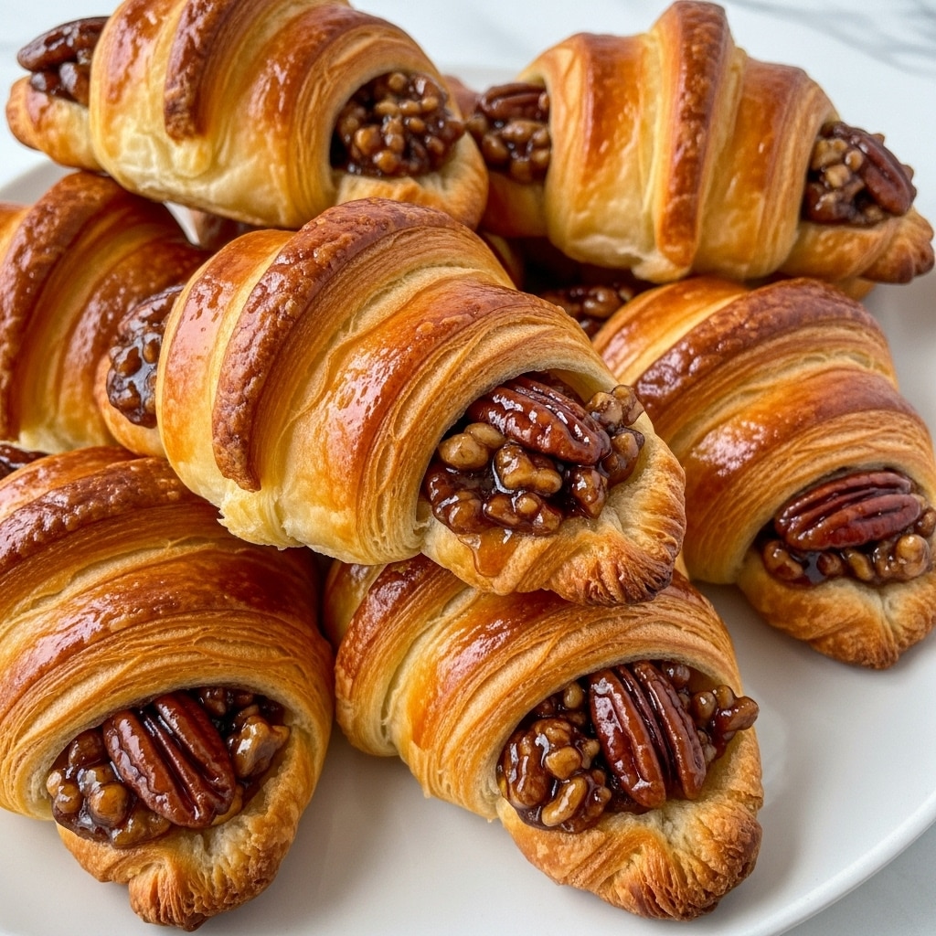 The image shows several croissants placed close together on a white plate with a white marbled surface underneath. Each croissant has a shiny, golden-brown outer layer made of many thin, flaky layers. On top of the croissants, there is a sticky glaze covering the surface, topped with whole and chopped pecans that add a crunchy texture and dark brown color. The croissants are plump and slightly curled at the ends, with multiple flaky layers clearly visible around the edges. The photo is taken very close up, making the shiny glaze and nut topping the main focus, while the background croissants are softly blurred. photo taken with an iphone --ar 4:5 --v 7