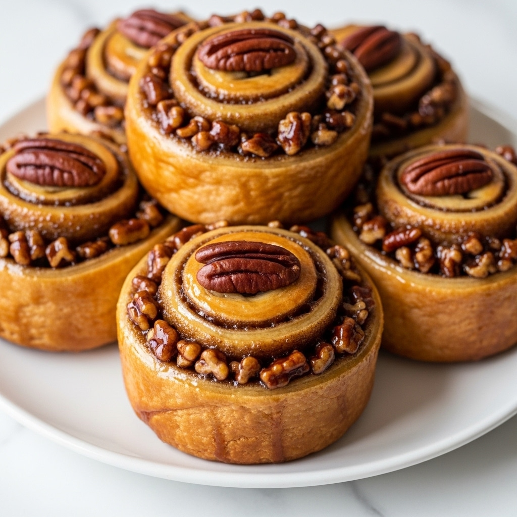 The image shows glossy pecan rolls with multiple layers of golden-brown flaky pastry wrapped around a filling of chopped pecans mixed with a sticky, amber-colored sweet glaze. Each roll has a round shape with visible layers of soft, buttery dough that shine under the caramel-like topping. Whole, shiny pecans sit on top and peek out from the center, highlighting the nutty texture inside. The rolls rest on a white plate set on a white marbled surface. Photo taken with an iphone --ar 4:5 --v 7