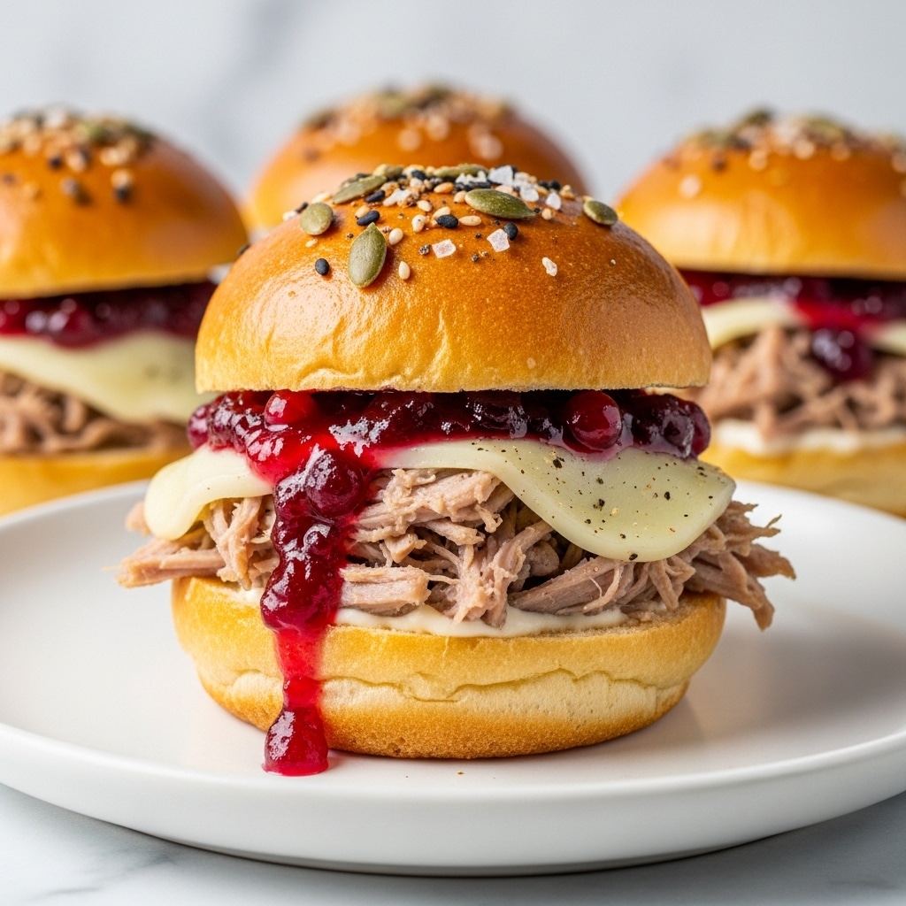 A white plate holds ten small sandwiches with shiny golden-brown tops sprinkled with poppy seeds and green herbs. Each sandwich has a soft light bread bun, with torn light beige turkey meat inside. There is melted white cheese draped over the turkey and bright red cranberry bits peeking through the layers. Fresh green parsley bits are scattered on top and inside the sandwiches. The plate is set on a white marbled surface. Photo taken with an iphone --ar 4:5 --v 7