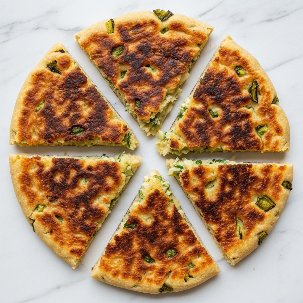 Eight triangular pieces of flatbread sit on a black wire cooling rack over a white marbled surface. Each flatbread piece has a golden-brown crust with darker toasted spots and small green herb bits scattered inside the light, slightly fluffy dough. The overall texture looks soft but lightly crisped on the outside, with some uneven edges showing a fresh, homemade feel. The flatbread pieces are arranged neatly but not perfectly symmetrical to fill the rack space. photo taken with an iphone --ar 4:5 --v 7