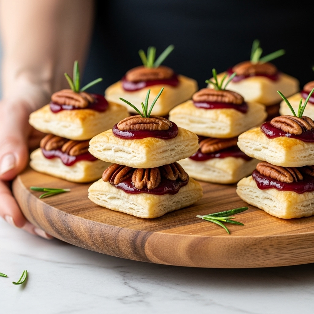 The image shows a close-up of small tartlets arranged in a circle on a white plate, each topped with multiple layers. The bottom layer is a golden, crumbly crust. On top is a creamy, pale yellow filling with a smooth texture. Above the filling, there is a bright red layer that looks like cranberry sauce, dotted with small seeds and glistening in the light. The tartlets are garnished with finely chopped nuts and a small sprig of green herb on some of them, adding texture and color contrast. The white plate rests on a white marbled surface. Photo taken with an iphone --ar 4:5 --v 7