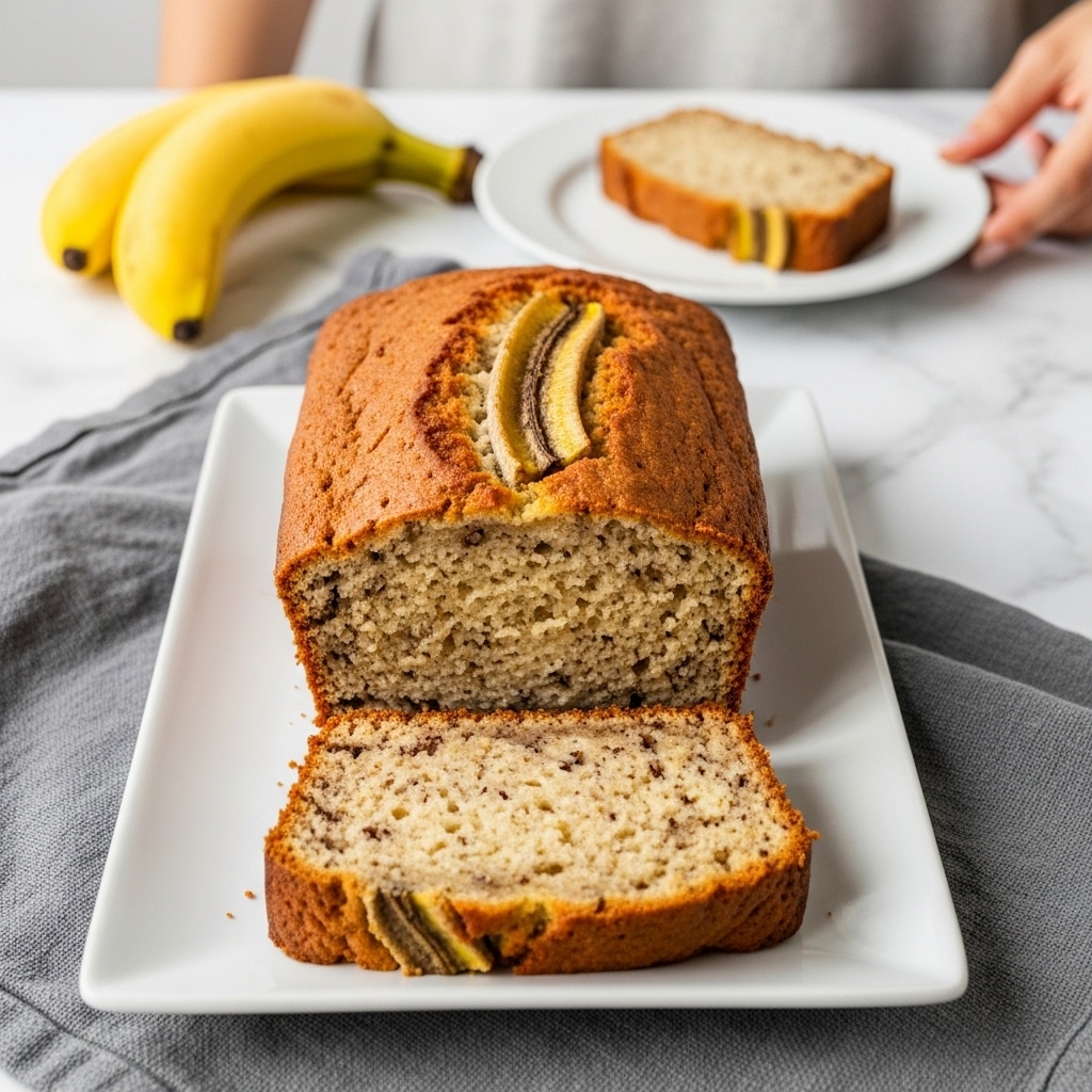 A loaf of banana bread sits on a cooling rack over a white marbled surface, with two slices cut and laid in front. The bread is golden brown on top, sprinkled with sliced almonds and small bits of banana. Around the loaf, there are scattered sliced bananas and whole almonds. In the background, a bunch of ripe bananas, a small bowl of almonds, and a glass jar of yogurt or cream with a wooden spoon inside add to the scene, all on the same white marbled surface. photo taken with an iphone --ar 4:5 --v 7