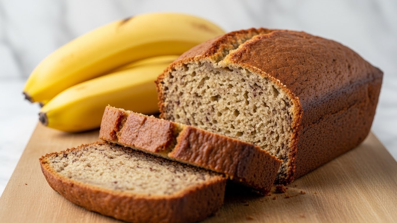 The image shows a loaf of banana bread on a wooden board with two slices cut and placed in front of the loaf. The bread has a light brown color with small darker specks inside, showing the texture of mashed bananas. The crust is slightly darker and looks soft but firm. Behind the loaf, there are two whole yellow bananas resting on the board. The background is a white marbled surface. A woman's hand is not visible in the image. Photo taken with an iphone --ar 4:5 --v 7