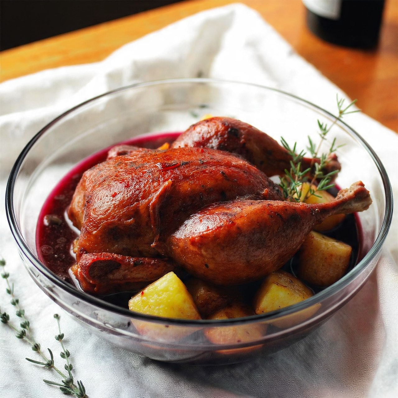 Roasted Duck in Wine with Potatoes, Peppers, and Mushrooms Recipe