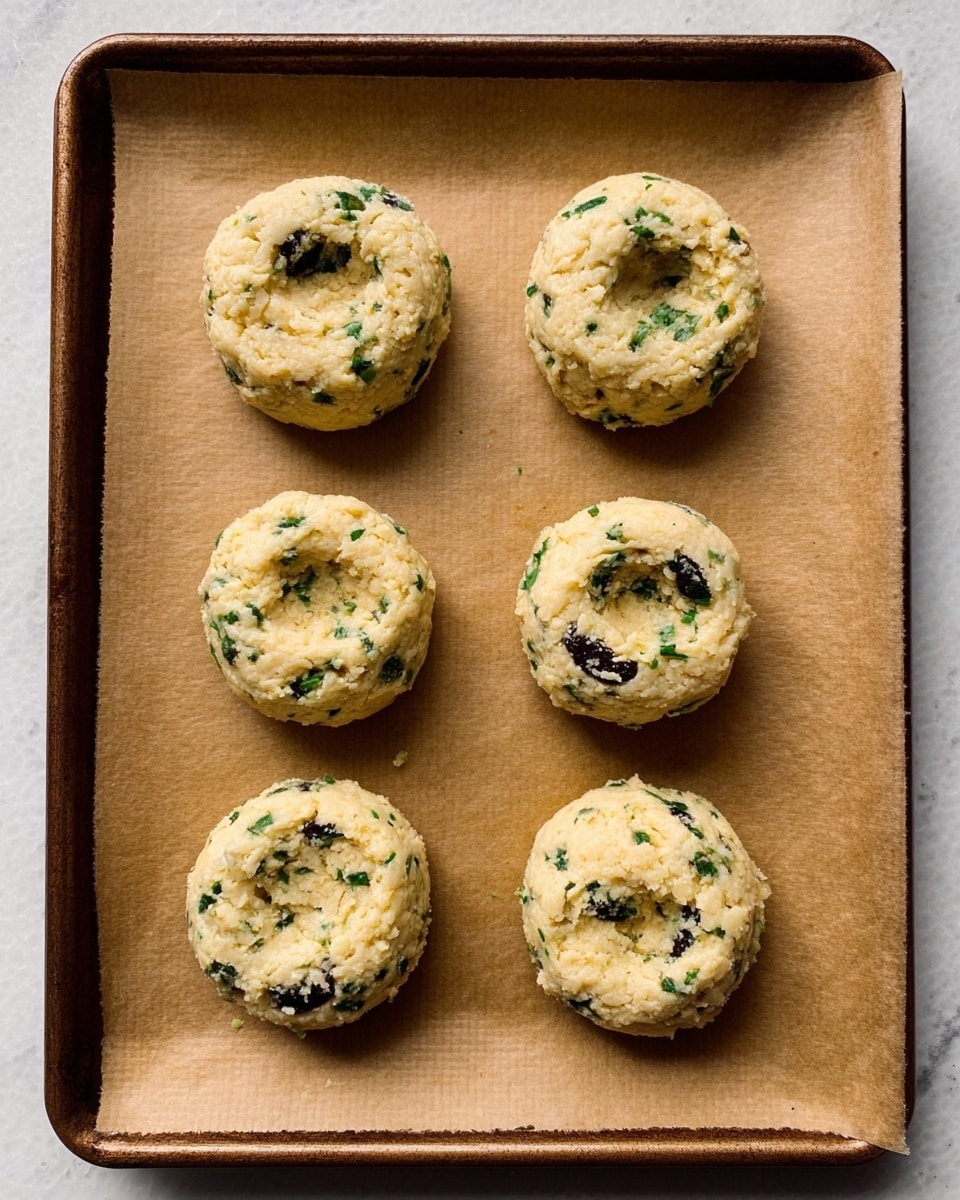 The image shows six cookie dough balls arranged in two columns of three on a baking tray lined with brown parchment paper. Each round dough ball is pale beige with small specks of green herbs and chunks of black olives mixed throughout. The dough looks soft and slightly lumpy, and the olive pieces stand out clearly on the surface. The arrangement is neat and evenly spaced, with a white marbled texture as the background visible around the tray. photo taken with an iphone --ar 4:5 --v 7
