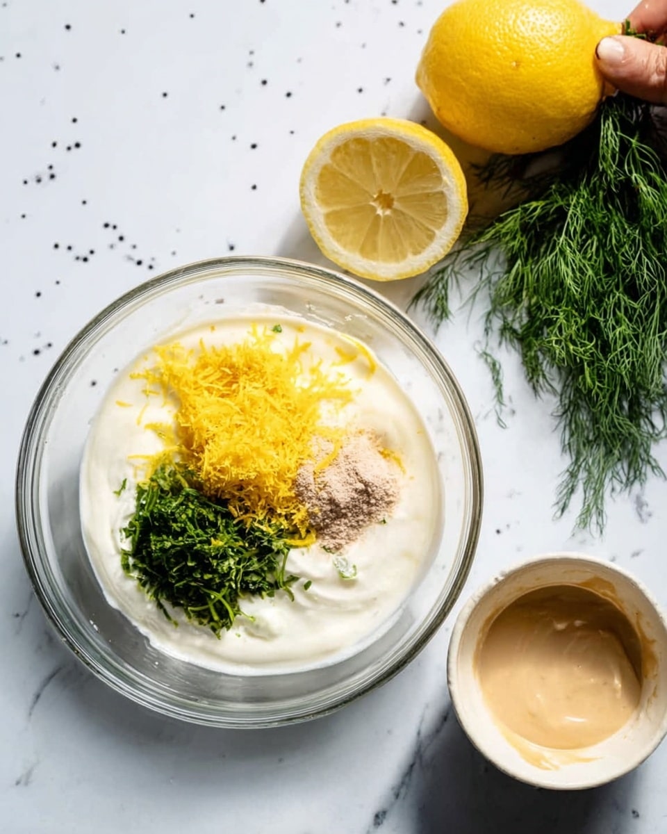 The image shows a clear glass bowl with several ingredients inside, arranged in layers. At the bottom, there is a smooth white sauce or yogurt base. On top of this, there are small piles of yellow grated zest, fresh green chopped herbs, and a light brown powder. To the right of the bowl, there is a white small bowl with a light brown creamy mixture, and above it, a white marbled surface holds half a bright yellow lemon and a woman's hand holding a bunch of green herbs. The background is a white marbled texture with small black specks. Photo taken with an iphone --ar 4:5 --v 7