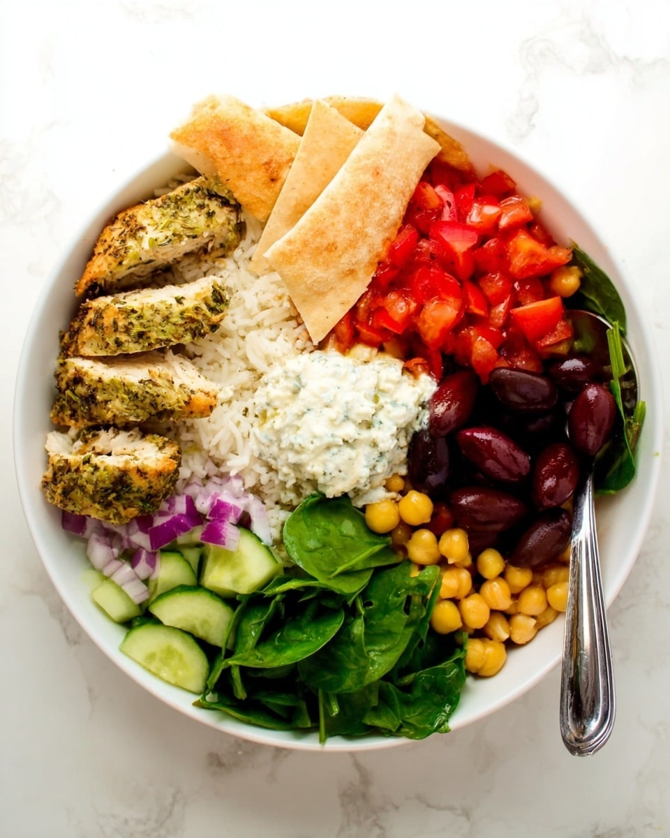 A white bowl filled with neatly arranged layers of food sitting on a white marbled surface. Starting from the left, three pieces of herb-covered chicken rest on a bed of white rice. Next to the rice are bright red chopped tomatoes, followed by diced pale green cucumber and finely chopped purple onions. In the center, a scoop of white creamy sauce stands out. Above the sauce, there are light brown pita chips and dark purple olives. To the right, fresh, vibrant green leafy spinach leaves add color. Below the olives and spinach, yellow pepper rings and light brown chickpeas complete the bowl. A spoon with a silver handle is on the right side of the bowl. photo taken with an iphone --ar 4:5 --v 7