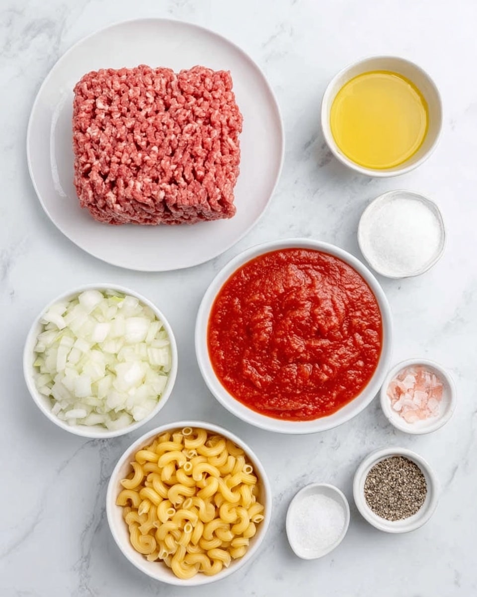 The image shows raw ingredients laid out on a white marbled surface. There is a white plate with a block of raw ground meat, a white bowl filled with chopped white onions, a white bowl with red tomato sauce, a small white bowl with white granulated sugar, a small white bowl with light yellow oil, a white bowl of elbow macaroni, a tiny white bowl filled with small pieces of garlic, a small white bowl of pink salt, and a small white bowl with black pepper. All items are arranged neatly with clear spacing between them. photo taken with an iphone --ar 4:5 --v 7