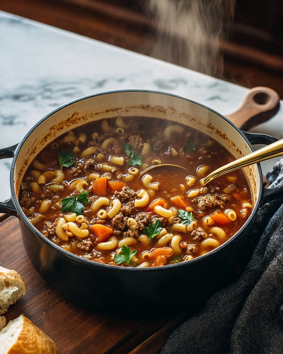 A black pot filled with rich brown soup containing small elbow macaroni pasta, chunks of cooked ground meat, and diced orange carrots, with a few green parsley leaves on top. The inside of the pot is off-white with some soup stains, and a gold spoon is partly submerged on the right side. Steam rises from the hot soup, and the pot sits on a wooden board with a dark cloth nearby, all set against a white marbled surface. A piece of crusty bread is in the foreground on the bottom left. Photo taken with an iphone --ar 4:5 --v 7