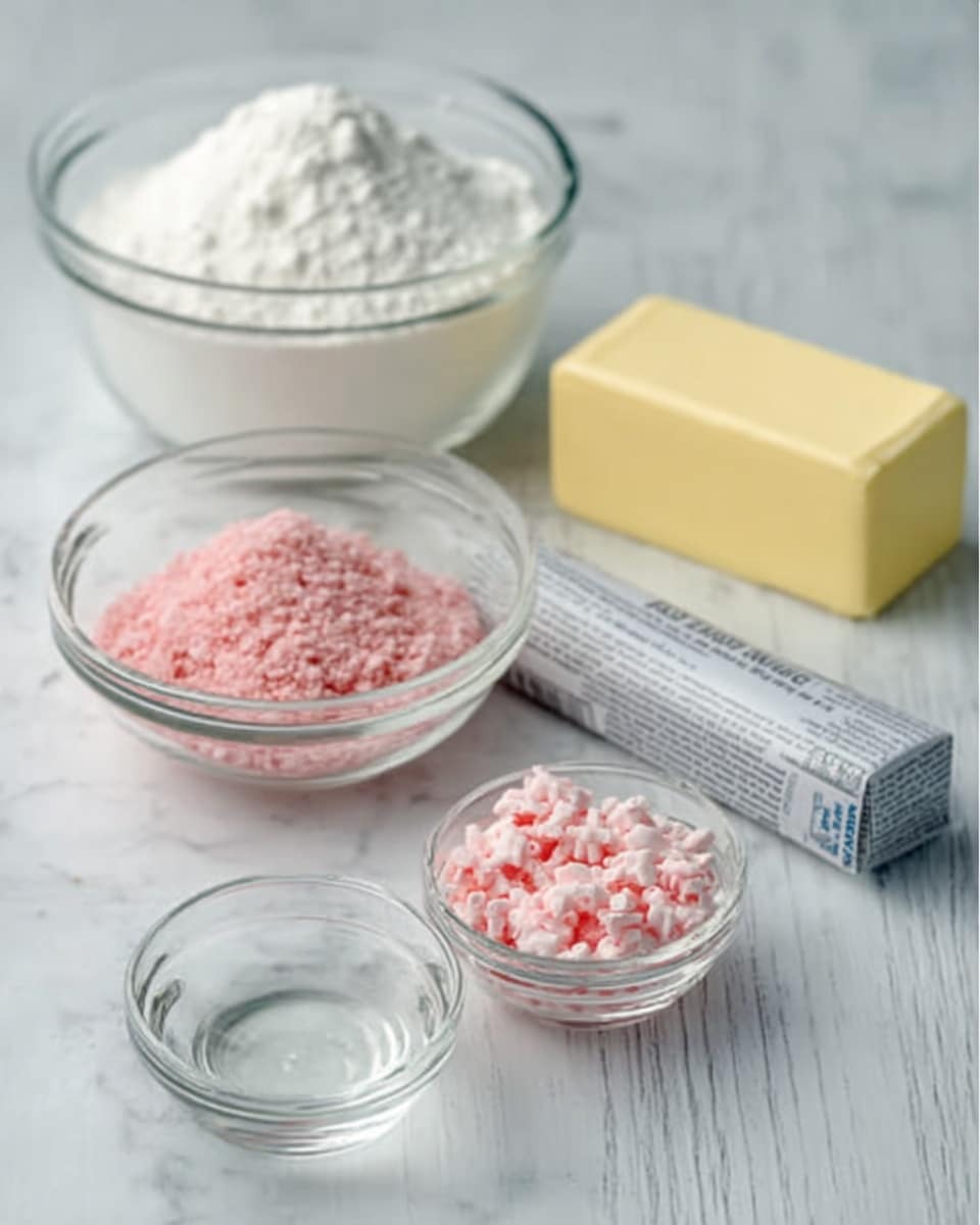 The image shows a close-up of four clear glass bowls on a white marbled table. The largest bowl at the back is filled with white powdered sugar, showing a fine, soft texture. In front to the left, a smaller bowl contains crushed candy canes in red and white pieces with a rough, uneven surface. To the right of it, a rectangular stick of butter wrapped in light silver paper rests directly on the table. Next to the butter is a small box of cream cheese sitting flat. In front, two small clear glass cups hold a little water each, clear and smooth. The whole scene is lit softly from above, with all items neatly spaced in a single layer. Photo taken with an iphone --ar 4:5 --v 7