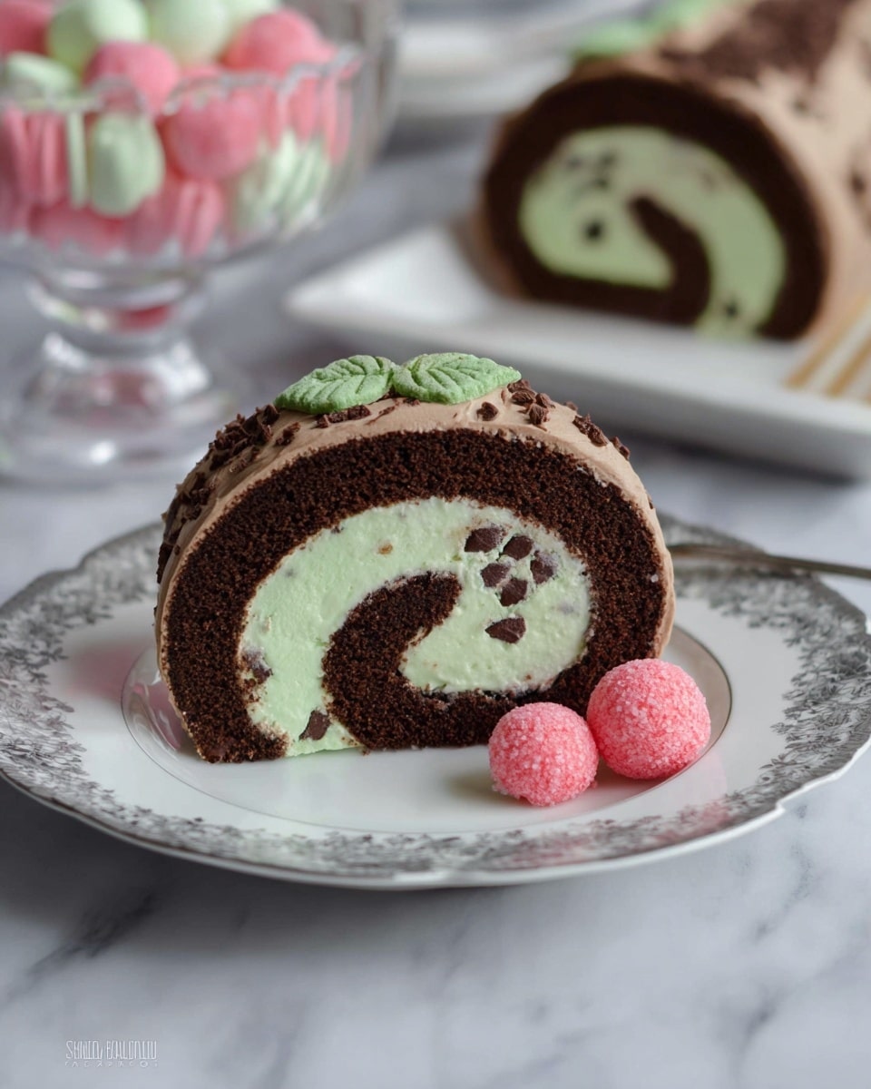 The image shows a slice of chocolate roll cake on a white plate with a delicate gray floral border. The cake has three layers: a dark brown outer layer of chocolate sponge, a thick middle layer of pale green cream with small chocolate chips scattered inside, and a coating of light brown chocolate frosting on the outside. Two bright pink round candies with a rough texture and a small light green leaf candy are placed on the side of the cake slice. In the background, there is another white plate with a similar slice of cake and a glass bowl filled with pink and white flower-shaped candies, all set on a white marbled surface. photo taken with an iphone --ar 4:5 --v 7