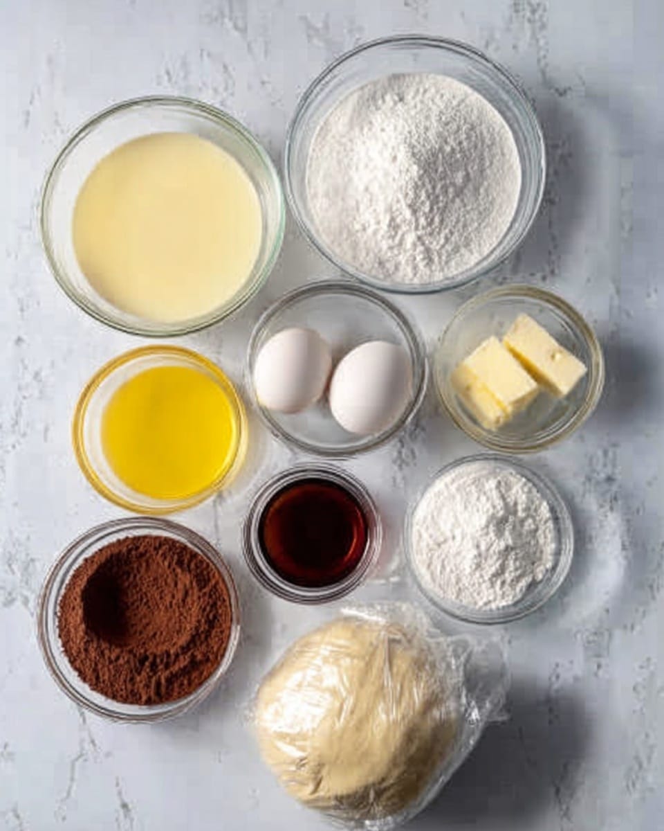 The image shows nine glass bowls arranged neatly on a white marbled surface. Three larger bowls are placed at the top, filled with pale yellow liquid, white sugar, and light cream. Below, smaller bowls contain bright yellow melted butter, brown cocoa powder, two white eggs, dark vanilla extract, white baking powder, and clear water. At the bottom center, there is a ball of dough wrapped in plastic. The setup is clean and organized, with the ingredients ready for baking. Photo taken with an iphone --ar 4:5 --v 7