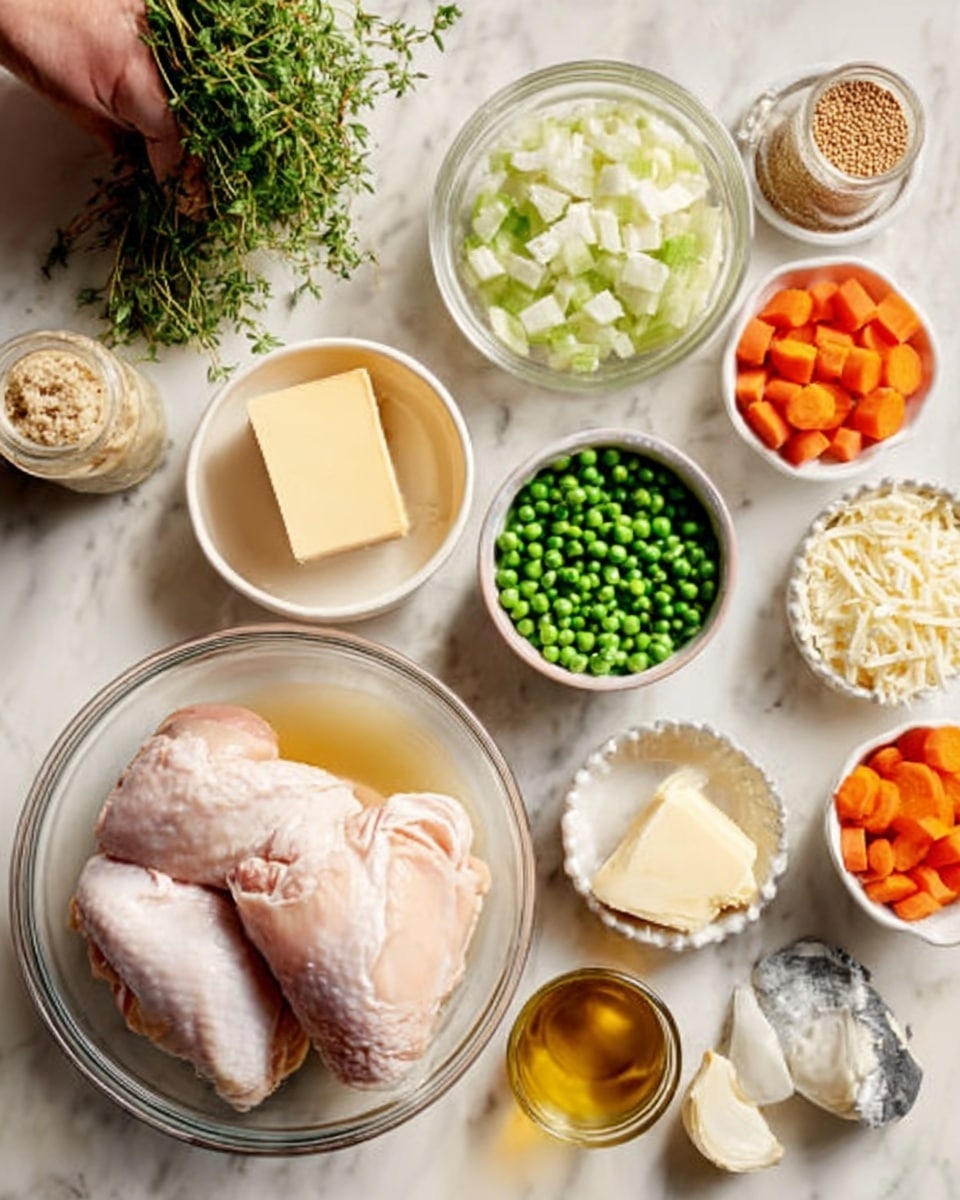 The image shows a large clear glass bowl in the center with two pieces of raw chicken inside. Around the bowl are small white bowls and clear containers holding various ingredients: bright green peas, chopped white onions, finely diced green celery, sliced orange carrots, white cream, a small pile of grated pale yellow cheese, golden broth, a plug of pale yellow butter, and a jar of grainy mustard. A woman's hand is holding a small bunch of fresh green herbs at the top left. All items are placed on a white marbled surface. Photo taken with an iphone --ar 4:5 --v 7