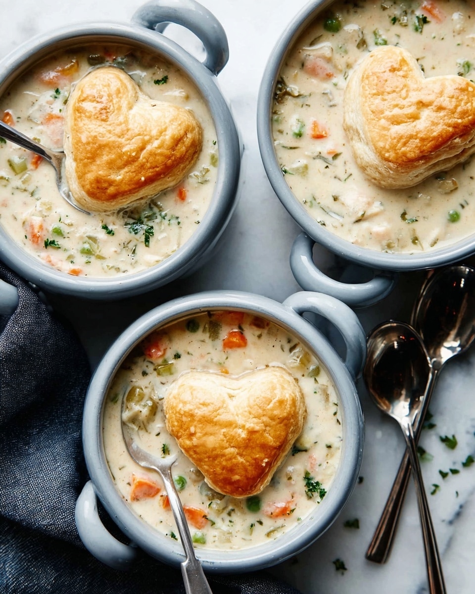Three bowls filled with creamy chicken and vegetable soup, each topped with a golden brown heart-shaped biscuit floating on the surface. The soup is thick with small chunks of orange carrots, green peas, and herbs scattered throughout a pale creamy base. The bowls are round and white, set on a white marbled surface with two silver spoons placed nearby, one spoon resting inside the top bowl. The texture of the soup looks smooth and rich, contrasting with the light, flaky biscuits that add a warm touch to the dish. photo taken with an iphone --ar 4:5 --v 7