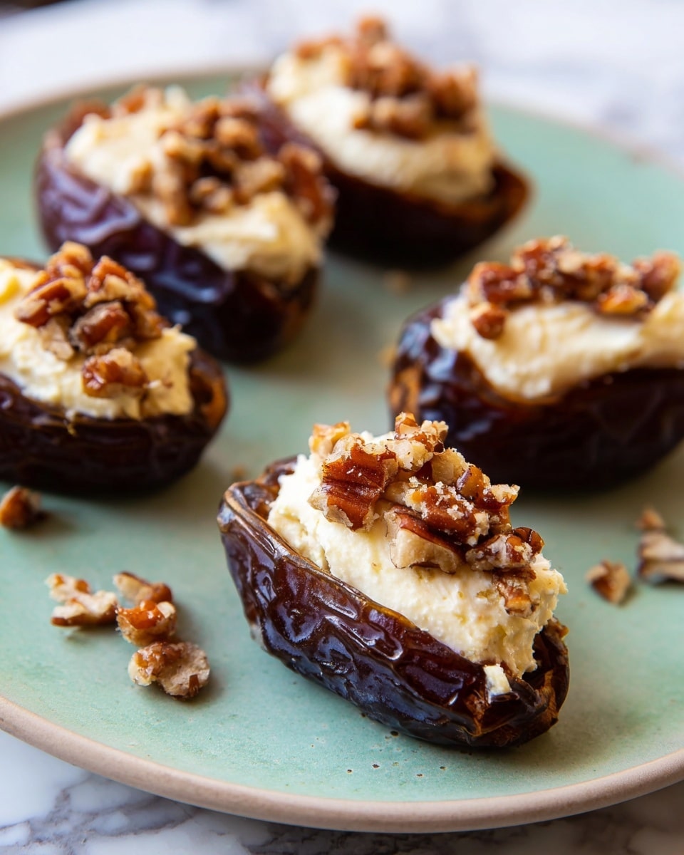 The image shows five dark brown dates arranged on a white plate with a soft green color and subtle texture. Each date is halved and stuffed with a creamy, white filling that looks smooth and slightly fluffy. On top of the filling, there are small clusters of crunchy, caramel-colored pecan pieces scattered, giving a nice contrast in texture and color. The plate is placed on a white marbled surface, and a few small crumbs are visible around the dates. The focus is on the front dates, with the background softly blurred. photo taken with an iphone --ar 4:5 --v 7