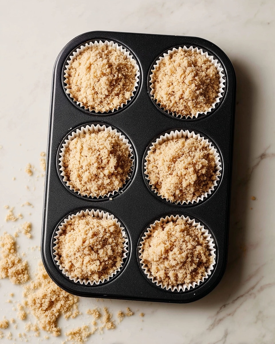 A black metal muffin tray holds six white cupcake liners, each filled with a crumbly, light brown streusel topping that looks coarse and uneven, covering the entire surface of each liner. The tray sits on a white marbled surface, and some streusel crumbs are scattered around the tray on the surface. The lighting is soft and even, highlighting the texture of the streusel topping clearly. photo taken with an iphone --ar 4:5 --v 7