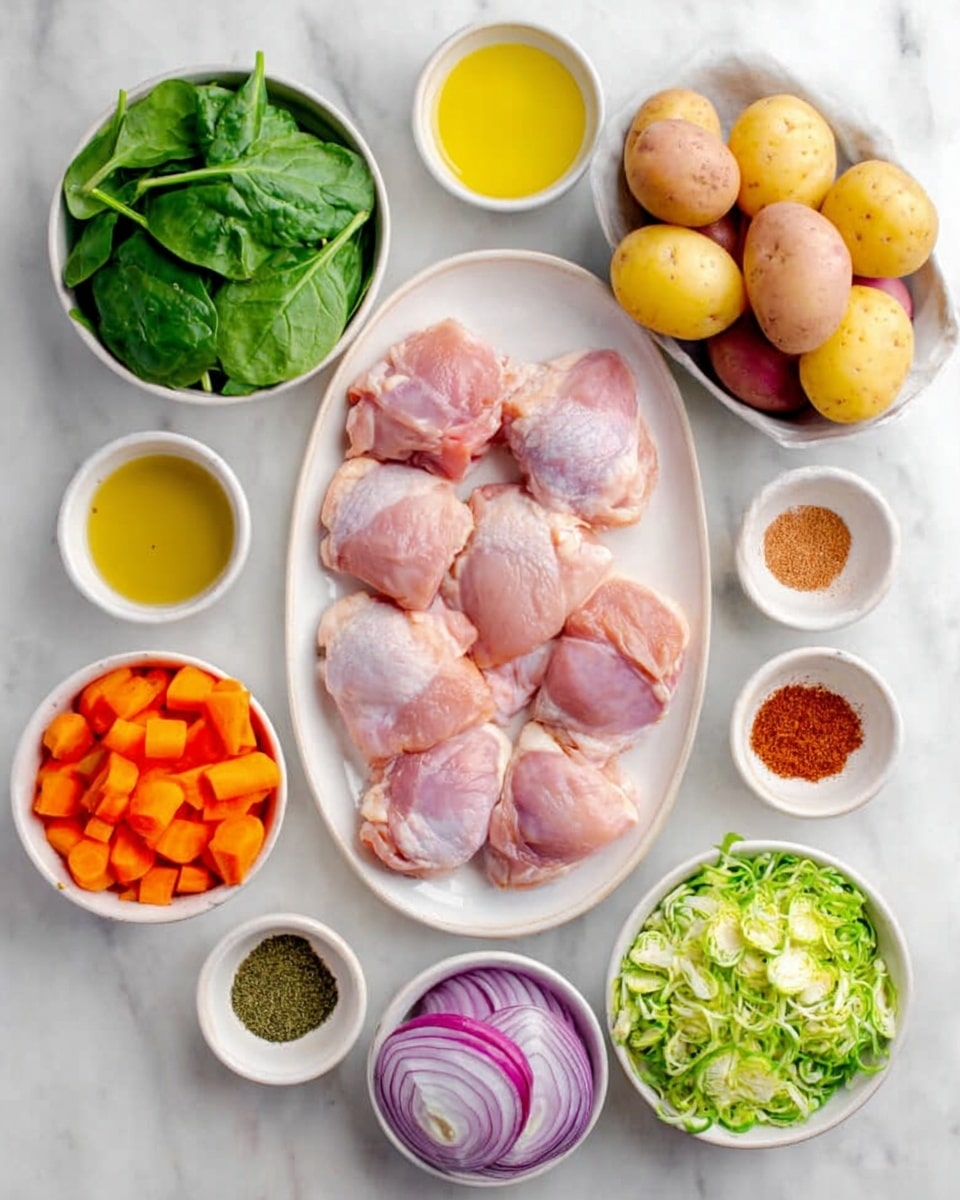 The image shows a white oval plate in the center with six pieces of raw chicken thighs, pinkish with some white fat. Around the plate are eight small white bowls arranged on a white marbled surface. On the top left is a bowl with fresh green spinach leaves, and next to it on the right is a bowl filled with small light brown and yellow whole potatoes. Below the potatoes is a bowl with sliced purple onions, and to its left is a small bowl with yellow oil. On the bottom left, there is a bowl of chopped bright orange carrots, and next to it on the right is a bowl holding shredded green Brussels sprouts. Around these bowls are four small bowls of different powdered spices in various brown and reddish shades. A woman's hand lightly touches the spinach bowl. Photo taken with an iphone --ar 4:5 --v 7