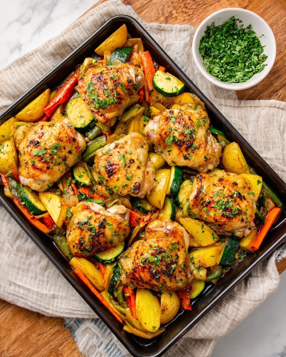 The image shows a black baking tray filled with six golden brown roasted chicken thighs placed on top of a colorful mix of roasted vegetables, including yellow potato wedges, orange carrot sticks, and green zucchini pieces, all slightly caramelized. The chicken thighs have a crispy skin with light charring and some green herb sprinkles on top. To the top right side of the tray, there is a small white bowl filled with finely chopped green herbs overlapping the white marbled surface under the tray, with part of a woman's hand holding the bowl. The whole setup is on a beige cloth that partly covers the white marbled background. Photo taken with an iphone --ar 4:5 --v 7