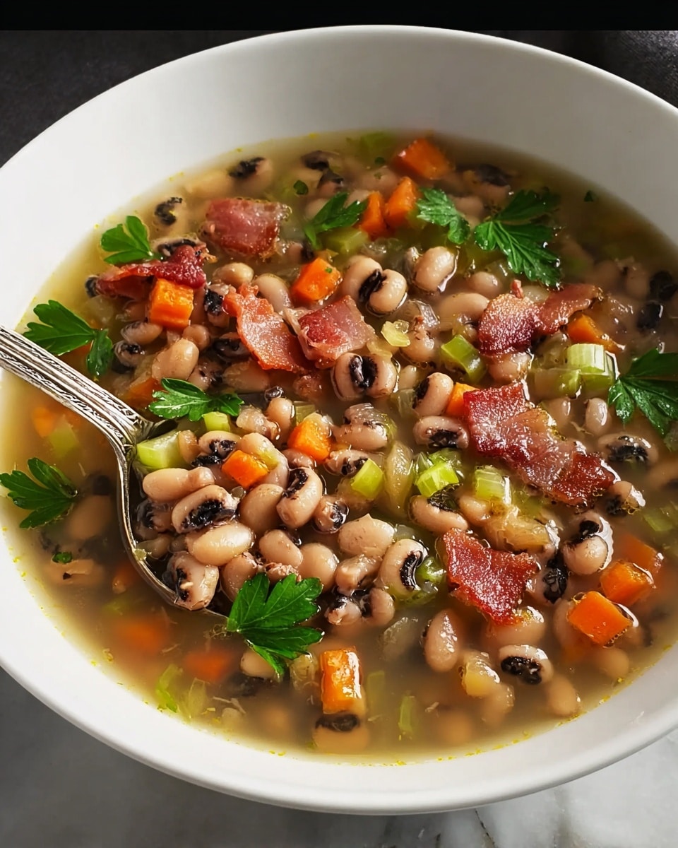 A white bowl filled with a soup made of black-eyed beans, small carrot cubes, and chopped celery pieces all submerged in clear broth. There are crispy bacon bits scattered on top, along with fresh green parsley leaves as garnish. A vintage silver spoon rests inside the bowl, slightly lifting some of the ingredients. The bowl sits on a surface with a white marbled texture photo taken with an iphone --ar 4:5 --v 7