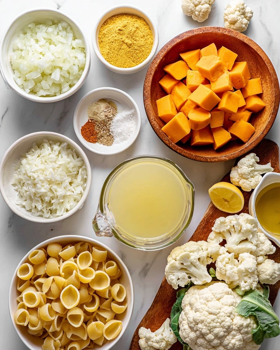 The image shows a top view of several ingredients arranged neatly on a white marbled surface. On the left side, there is a white bowl filled with finely chopped white onion above a white bowl with yellow nutritional yeast flakes, and a small white bowl with minced garlic between them. Next to these, a white bowl contains a mix of white salt and brown spices. Toward the center, a glass measuring cup holds light yellow broth, and below it, a white bowl is full of uncooked yellow shell pasta. On the right side, a wooden bowl holds bright orange cubed butternut squash, next to a wooden board with a whole white cauliflower surrounded by cauliflower florets and a halved lemon. A small white bowl with mustard and a small white cup with light dressing complete the setup. Photo taken with an iphone --ar 4:5 --v 7